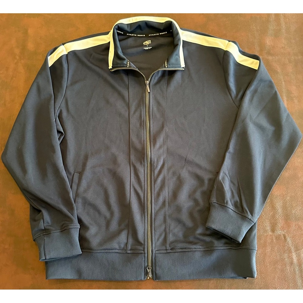 Athletic Works Mens Navy Blue Full Zip Track Jacket White Stripe Size L RN52469